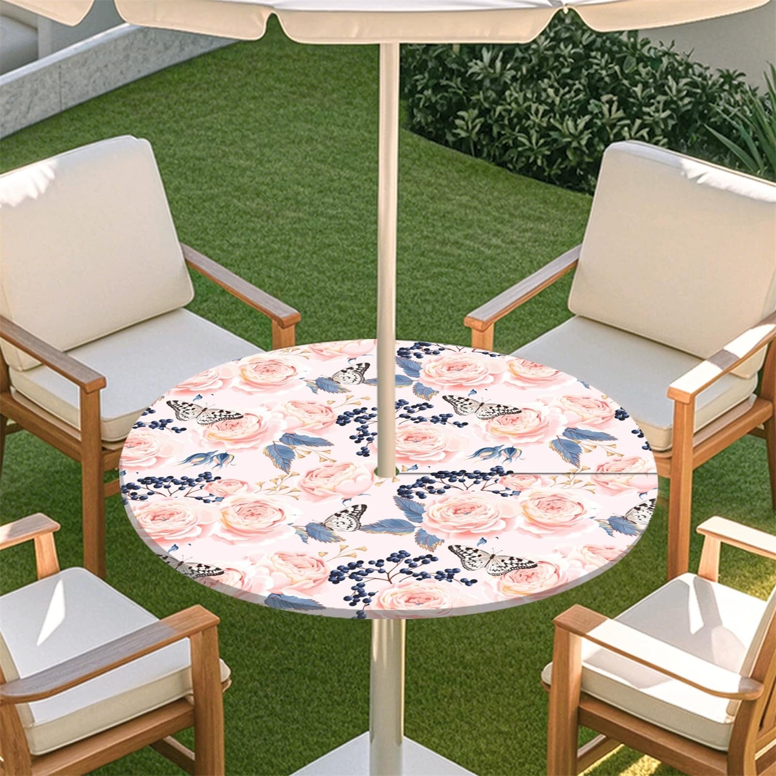 Muiuou Elastic Edge Fitted Round Tablecloth Protector Waterproof Outdoor Circle Tablecloth with Parasol Hole and Zipper, Wipe Clean Table Cover for Garden BBQ Party (Style 11,M(36-44inch))