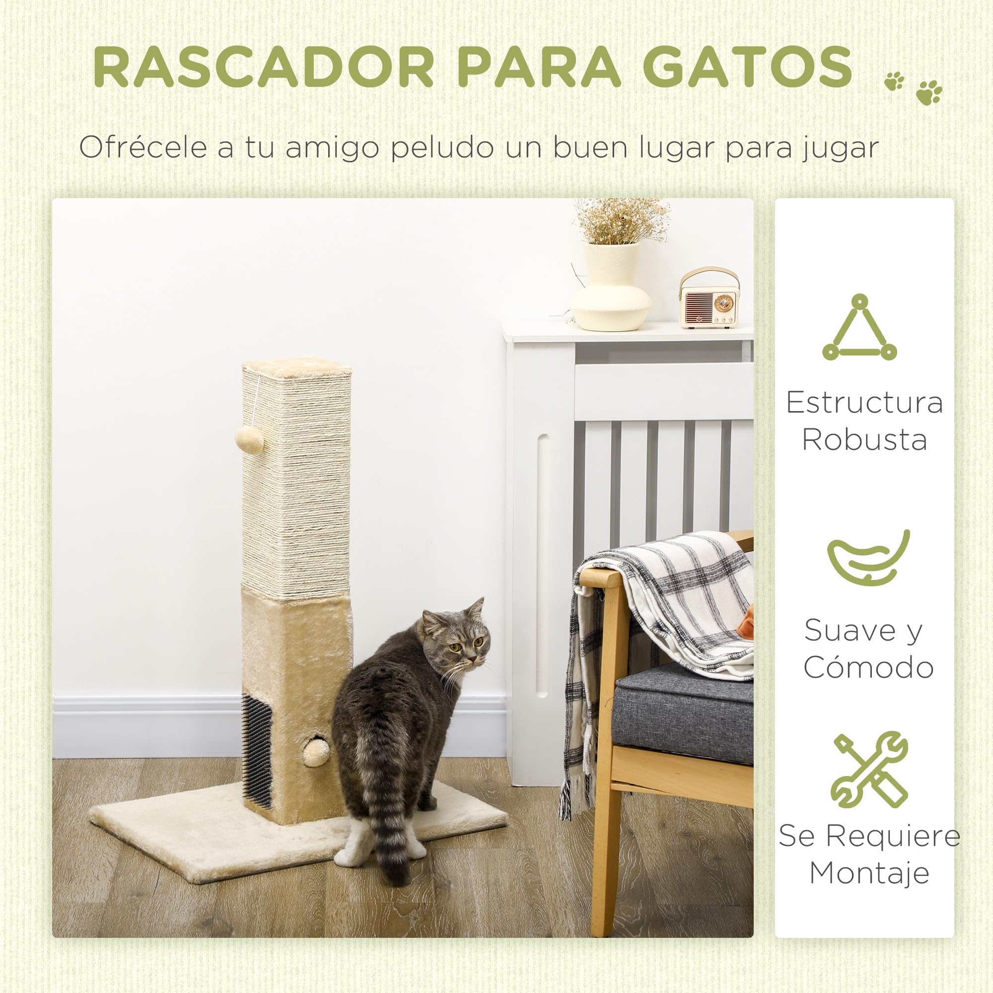 PawHut Poste Rascador para Gatos 79 cm con Bola Colgante, Cascabel y Poste de Yute 59,5x39x79 cm en Beige y Crema