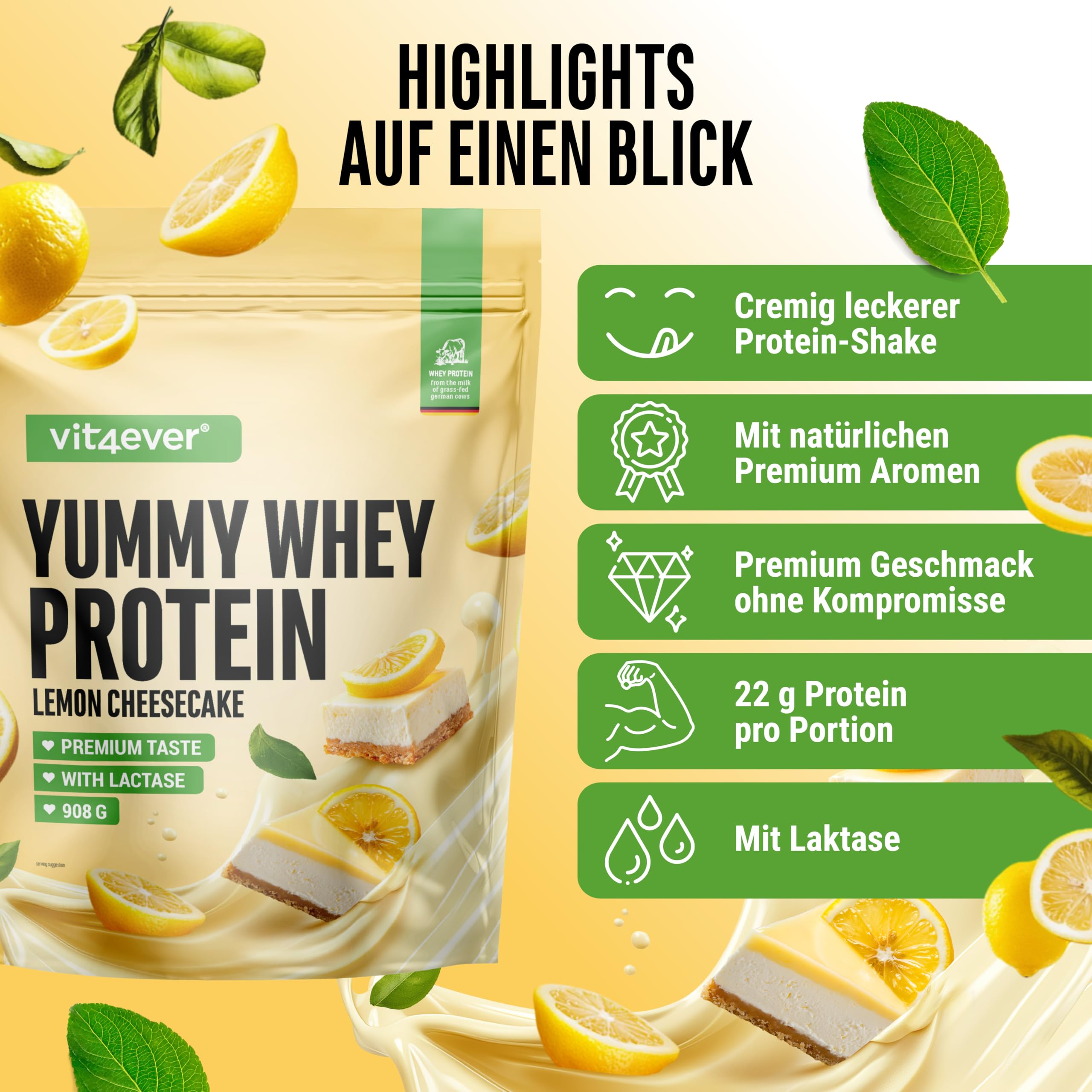 vit4ever Yummy Whey Proteinpulver - 908g - Lemon Cheesecake