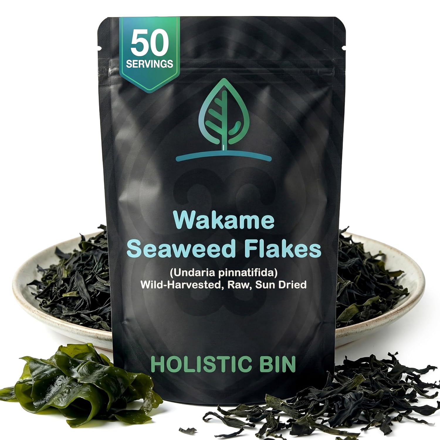 Holistic Bin Atlantic Wakame Seaweed Flakes, Wild-Caught, Soup, Ramen - 50g | Ready to Use Powder, Perfect for Miso, Salad Mixes, Vegan-Friendly Snack, No Fillers or Additives, Packed in Resealable Pouch