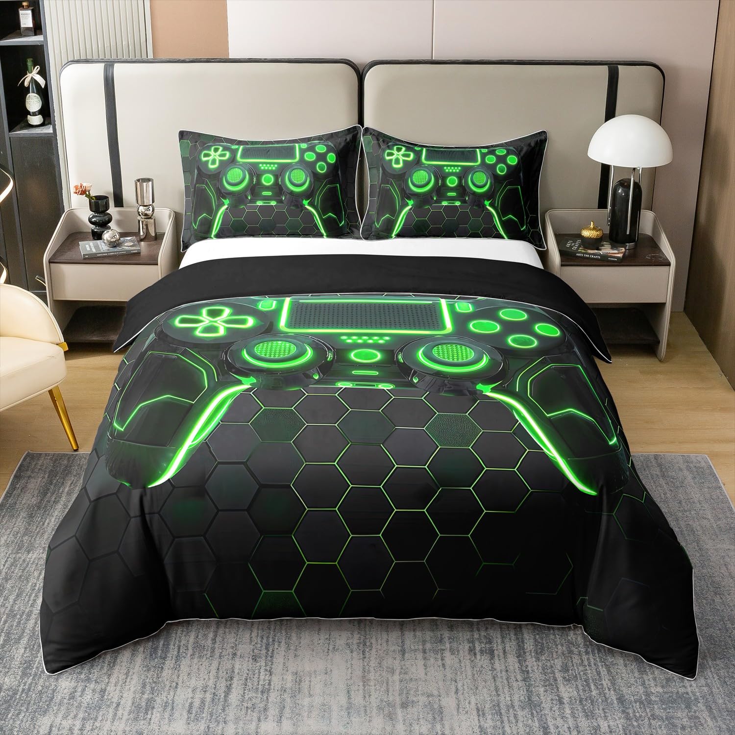 100% Cotton Gaming King Duvet Cover for Boys,Gamer Comforter Cover for Girls Kids Teens,Game Console Bedding Set,3D Green Gamepad Gaming Bedspread Cover Honeycomb Print