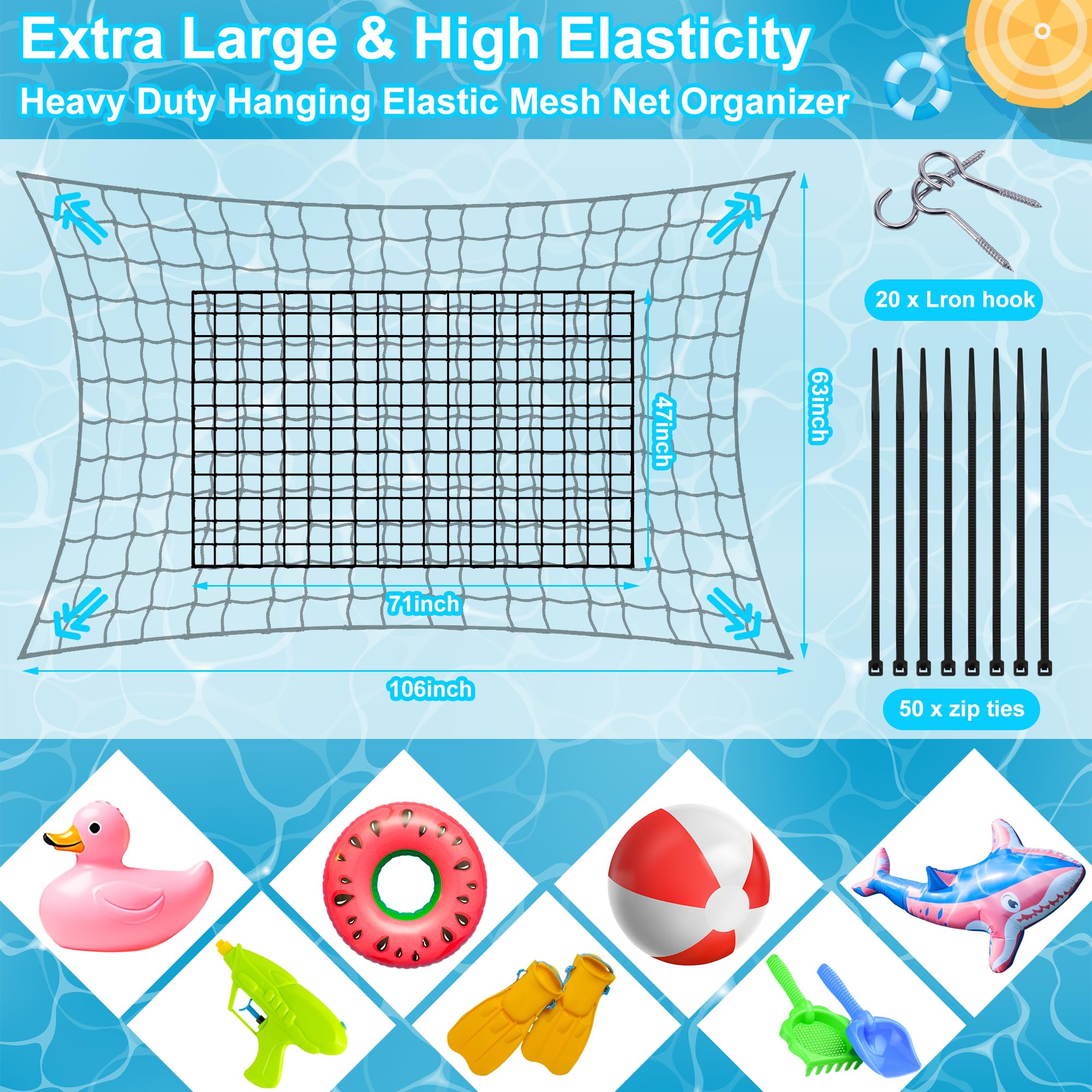 Filet de rangement flottant pour jouets de piscine, extra large, 180,3 x 119 ,4 cm, filet de rangement suspendu pour piscine avec crochet et attaches pour radeaux gonflables, jouets gonflables à eau