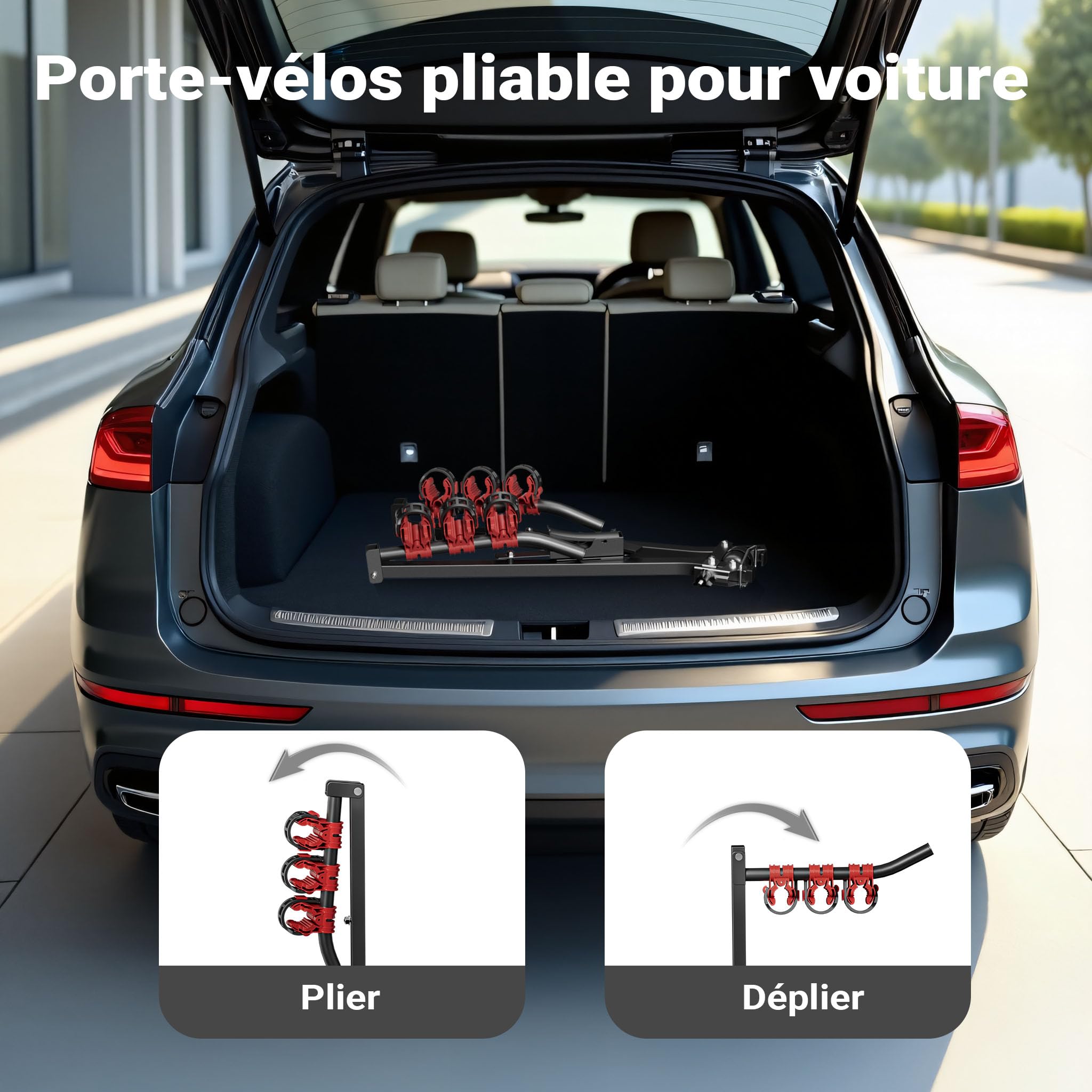 Wiltec Porte vélos d’attelage – capacité 3 vélos, 45 kg – en Acier Q235 – pour Boule d’attelage – vélos Tout Terrain, VTT, VAE, vélos électriques – avec Sangles en Nylon
