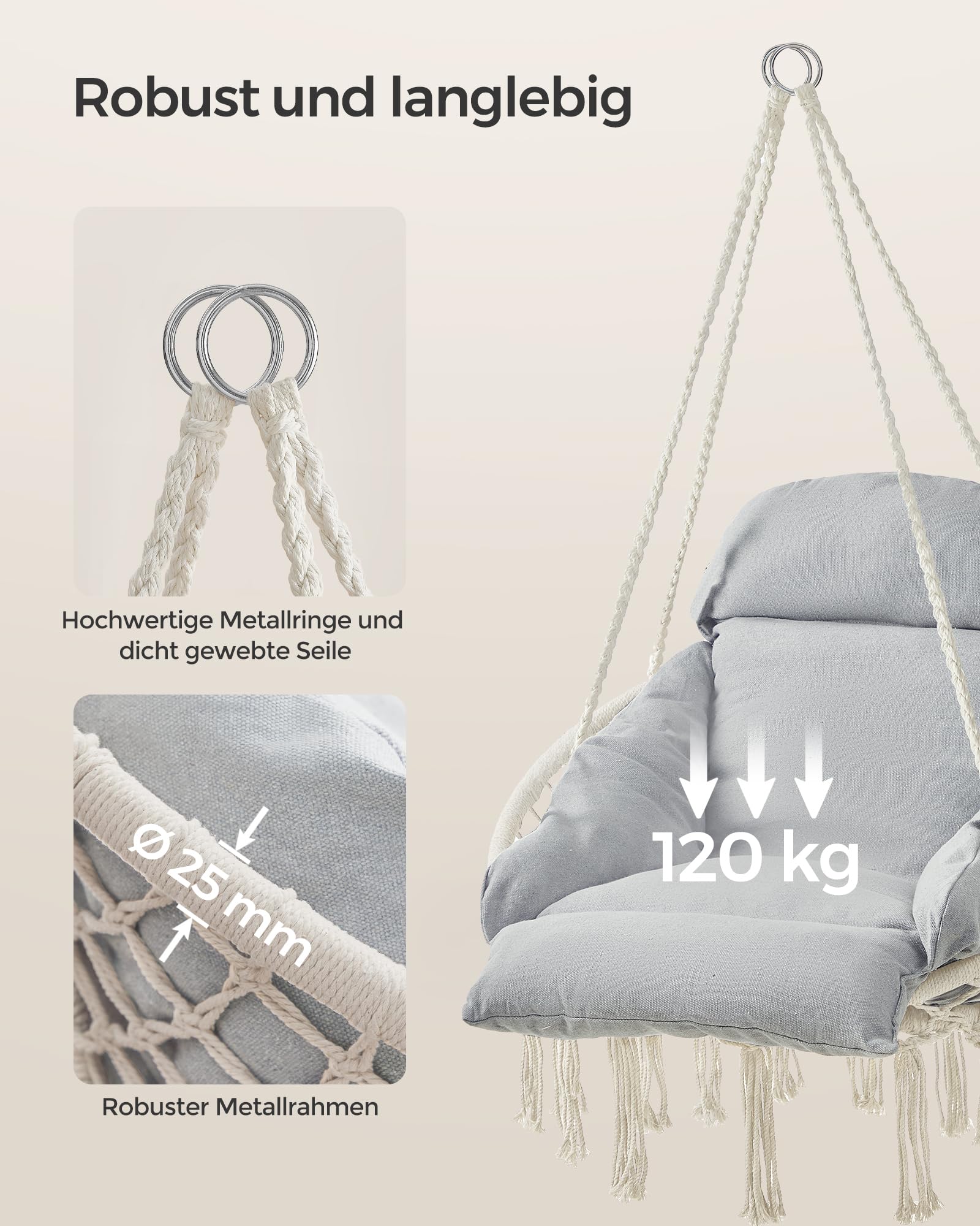 SONGMICS Hängesessel, Dickes Kissen, bis 120 kg belastbar