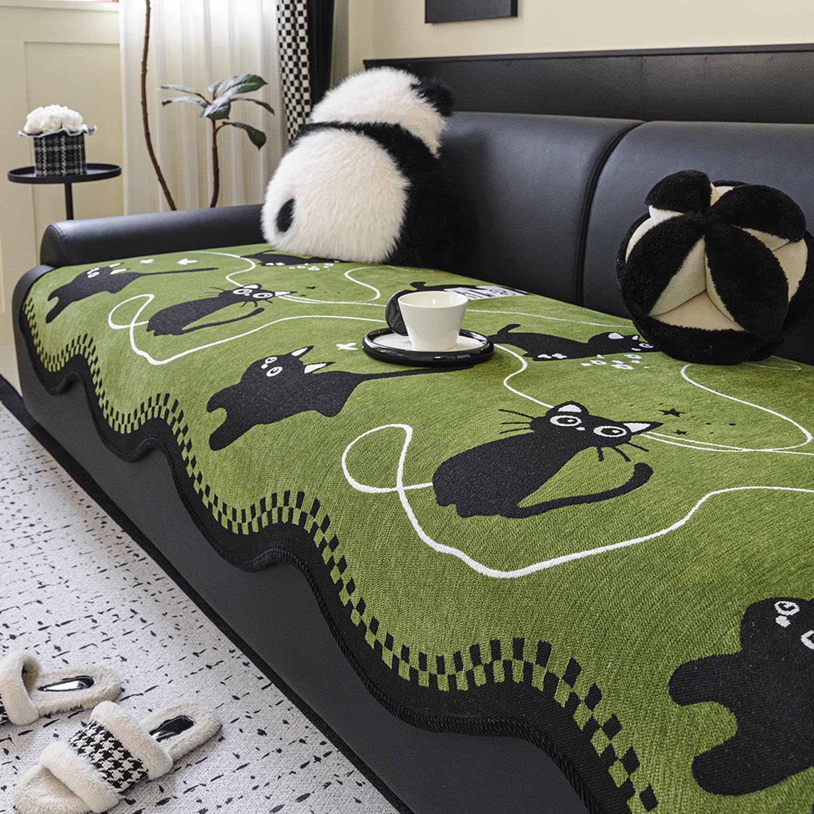 Housse de canapé jacquard 3 places vert protection épaisse anti-glisse pour animaux