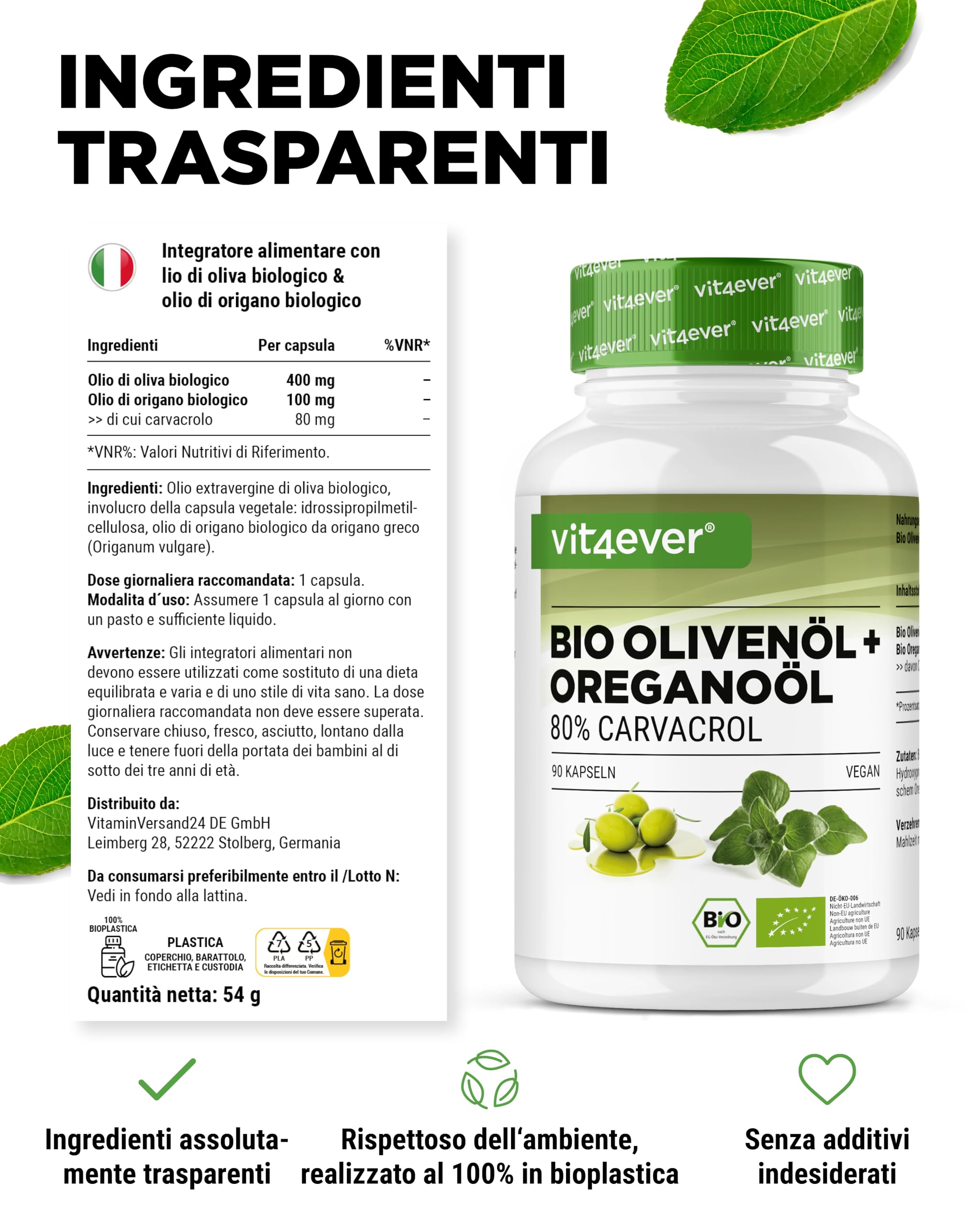 Olio di origano biologico e carvacrolo 80 mg - 90 capsule con olio d’oliva vergine da coltivazione controllata - Origano greco ad alto dosaggio - Vegano