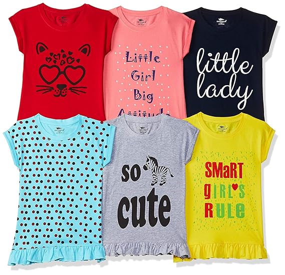 SOUTH SAILOR Kids Girls Cotton Fancy Butterfly Capsleeve Peplum Top Printed T-Shirts Combo Pack of 6 (2-16 Years)