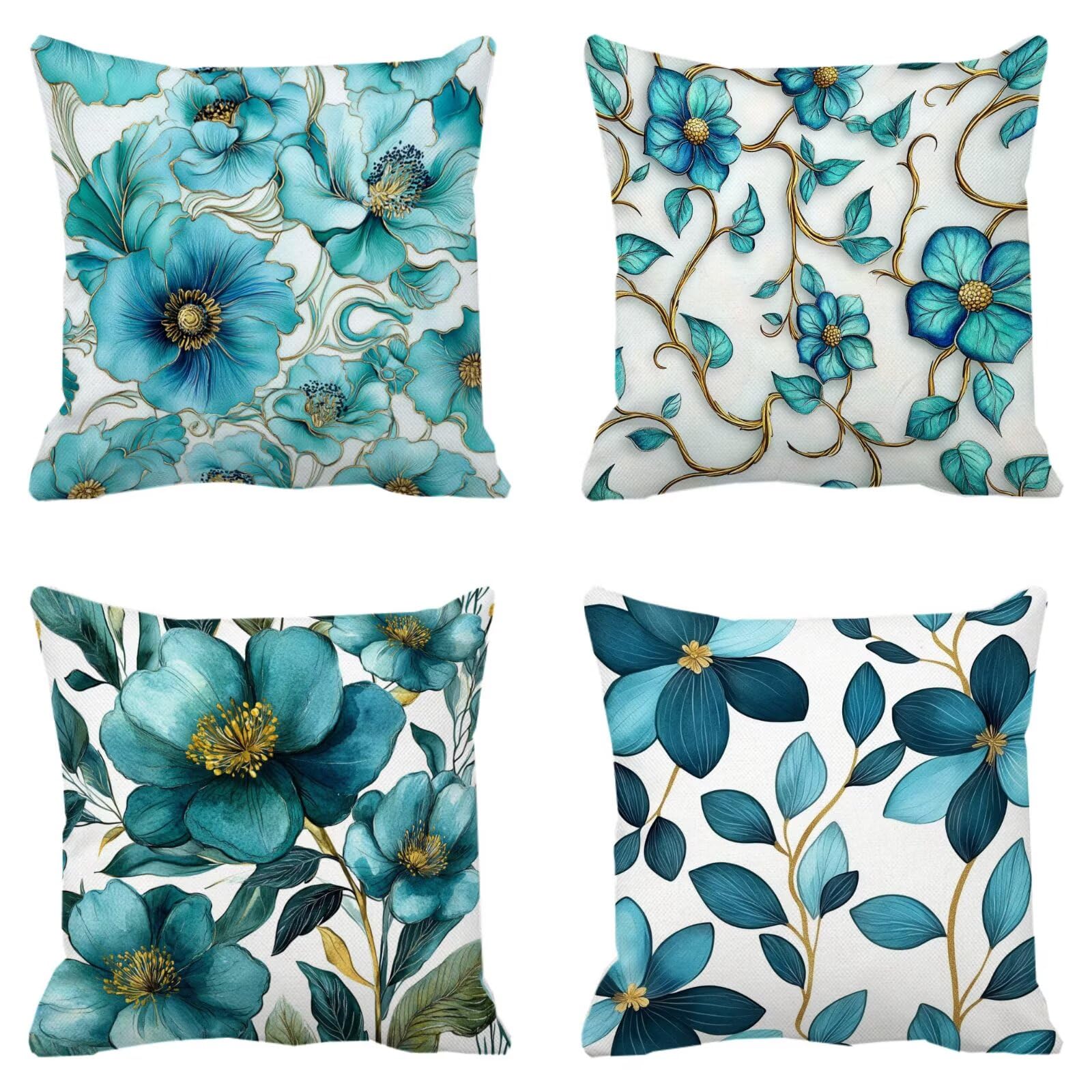 Taie d'oreiller et coussin canapé bleu fleur 60x60 cm | Lot de 4 housses douces pour la maison