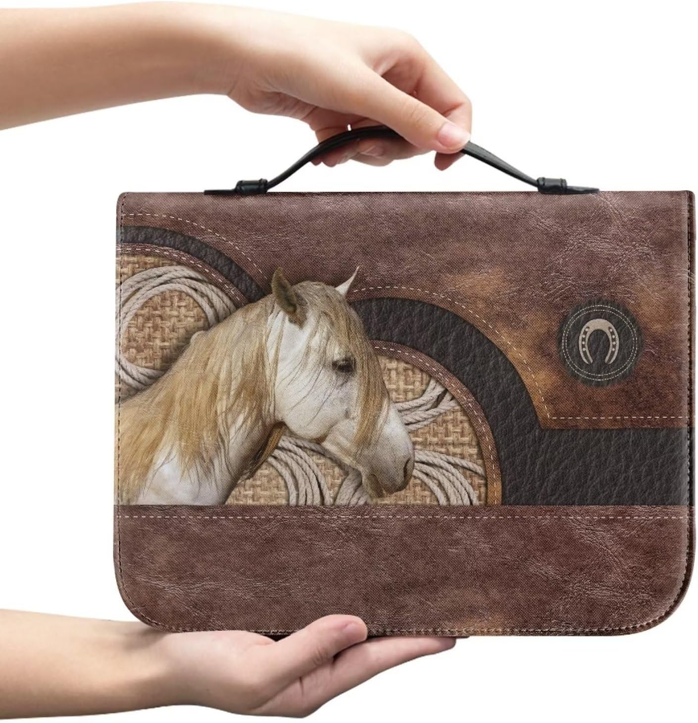 3D Horse Print Bible Cover Case for Women Girls Pu Leather Bible Tote Scripture Bag Book Protective Bible Carrying Carrier Church Religious Journaling Organizer