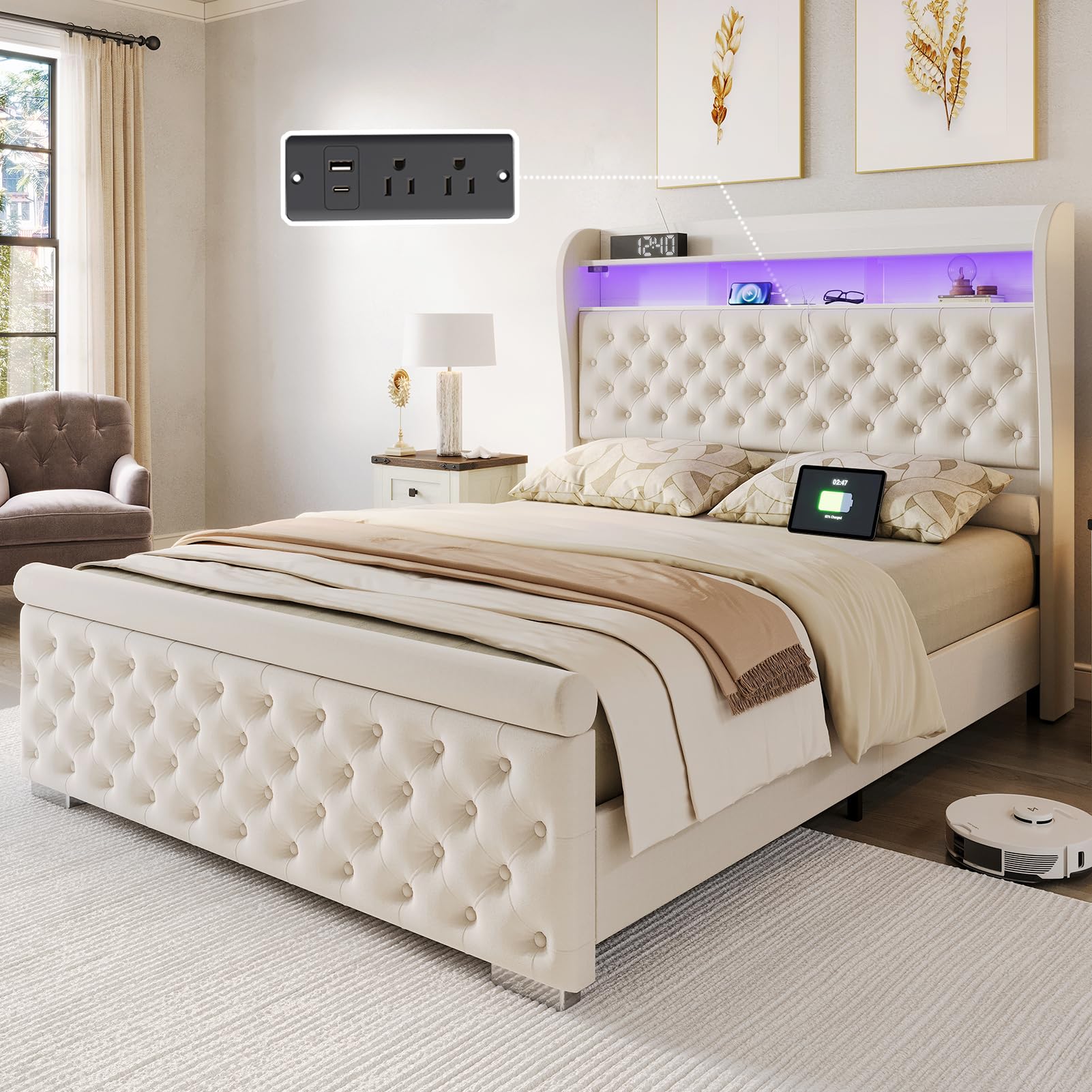 Full Size Bed Frame with Bookcase Storage and Charging Station, 50.6" Tall Velvet Upholstered Sleigh Bed with LED Light, No Box Spring Needed, Easy Assemble, Cream