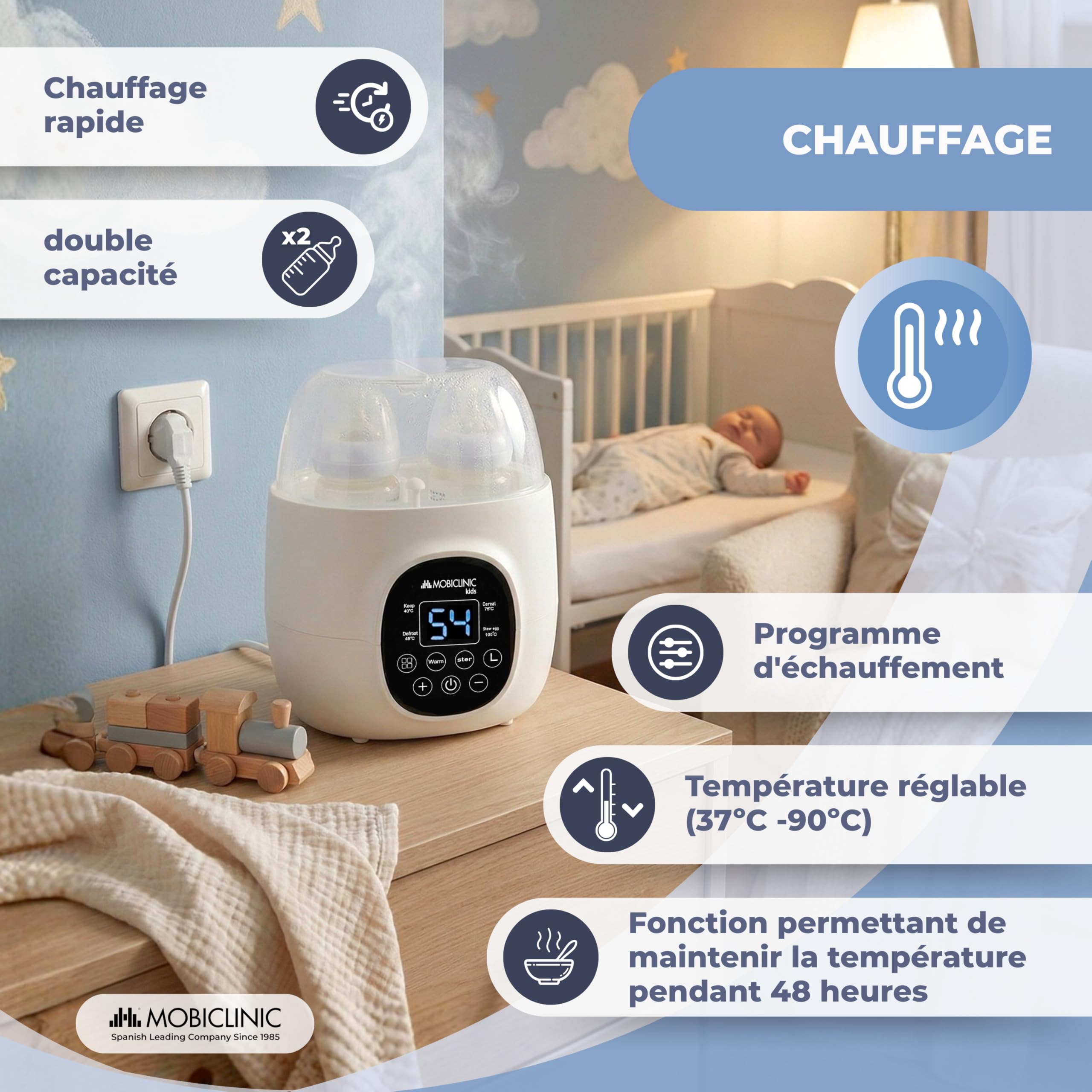 Mobiclinic®, Chauffe-biberon et Stérilisateur, 6 en 1, Double Capacité, Décongèle, Programmable, Maintient la Température, Chauffage Rapide, Lait Maternel, Sans BPA, Écran LCD, Compact, Bibidu