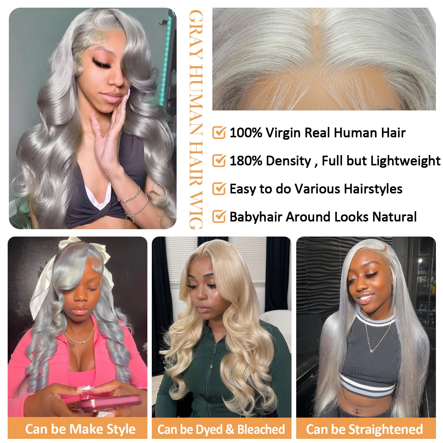 Grey Lace Front Wigs Human Hair 13x6 Body Wave Long Grey Human Hair Wig Glueless HD Lace Frontal Wig Pre Plucked With Baby Hair(36Inch)