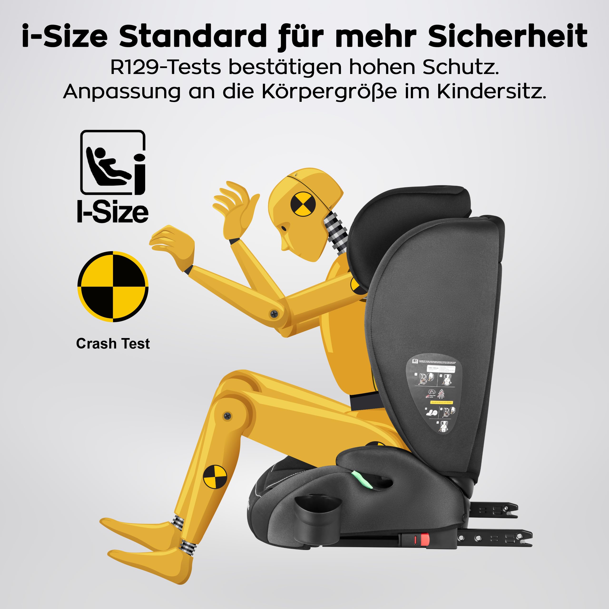 Tulano Joy 25 Auto Kindersitz 15–36 kg mit Isofix - Gruppe 2/3 Autositz 100–150 cm - Sitzerhöhung Kinder - höhenverstellbare Kopfstütze - Bezug waschbar - mit Gurt - Schwarz Grau