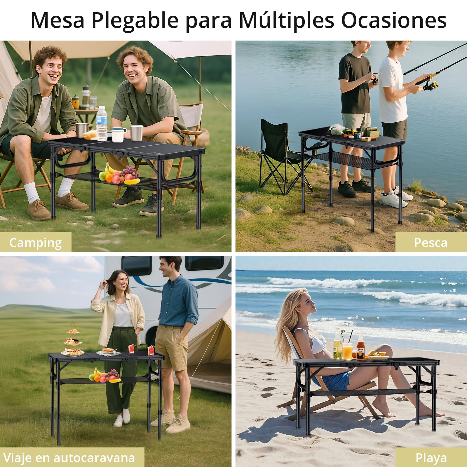 Anbte Mesa Plegable Camping 90 x 40 x 26-48-70cm con Ajustable Altura Aluminio Impermeable Mesa Playa Portátil, Soporta 30 kg,con Bolsa de Almacenamiento para Barbacoa, Playa, Jardín, Picnic Negro