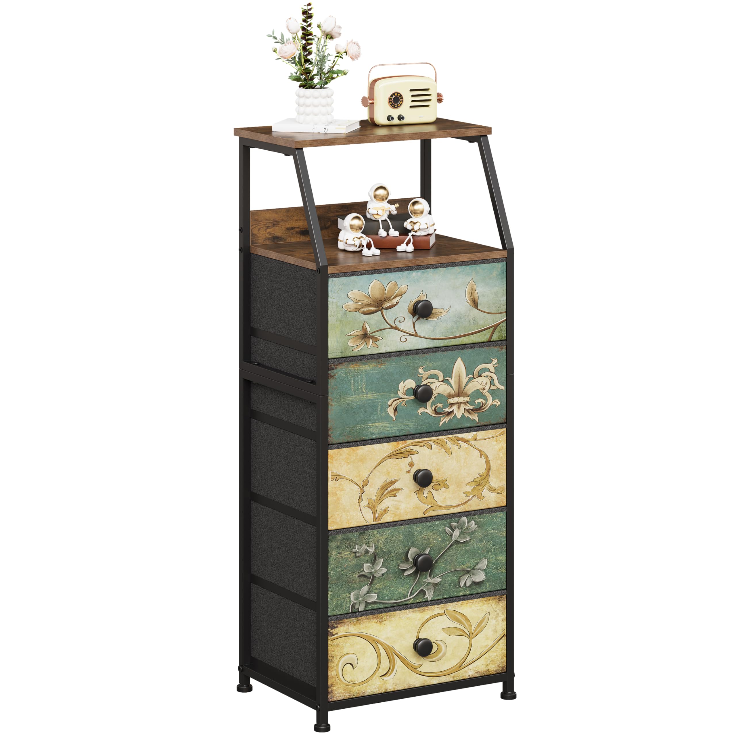 Tohomeor Nightstand with Fabric Drawers Dresser with 2 Tier Shelf Storage Tower for Bedroom Hallway Entryway Closet Organizer Sofa Beside Table