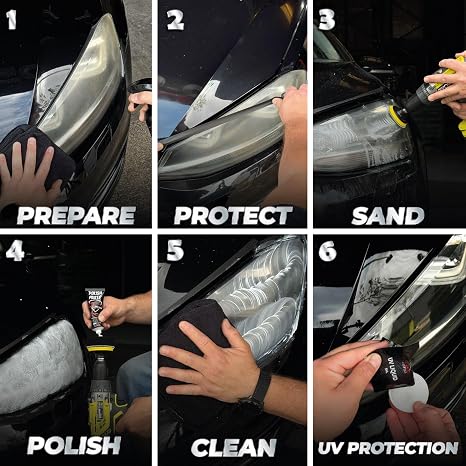 BASSMOTOR Car Headlight Restoration Kit for MOT - Treats Opaque Headlights, Yellowing and Degradation - Sanding Discs, Polish, Polishing Sponge and Universal Adapter - Driving Visibility and Safety.