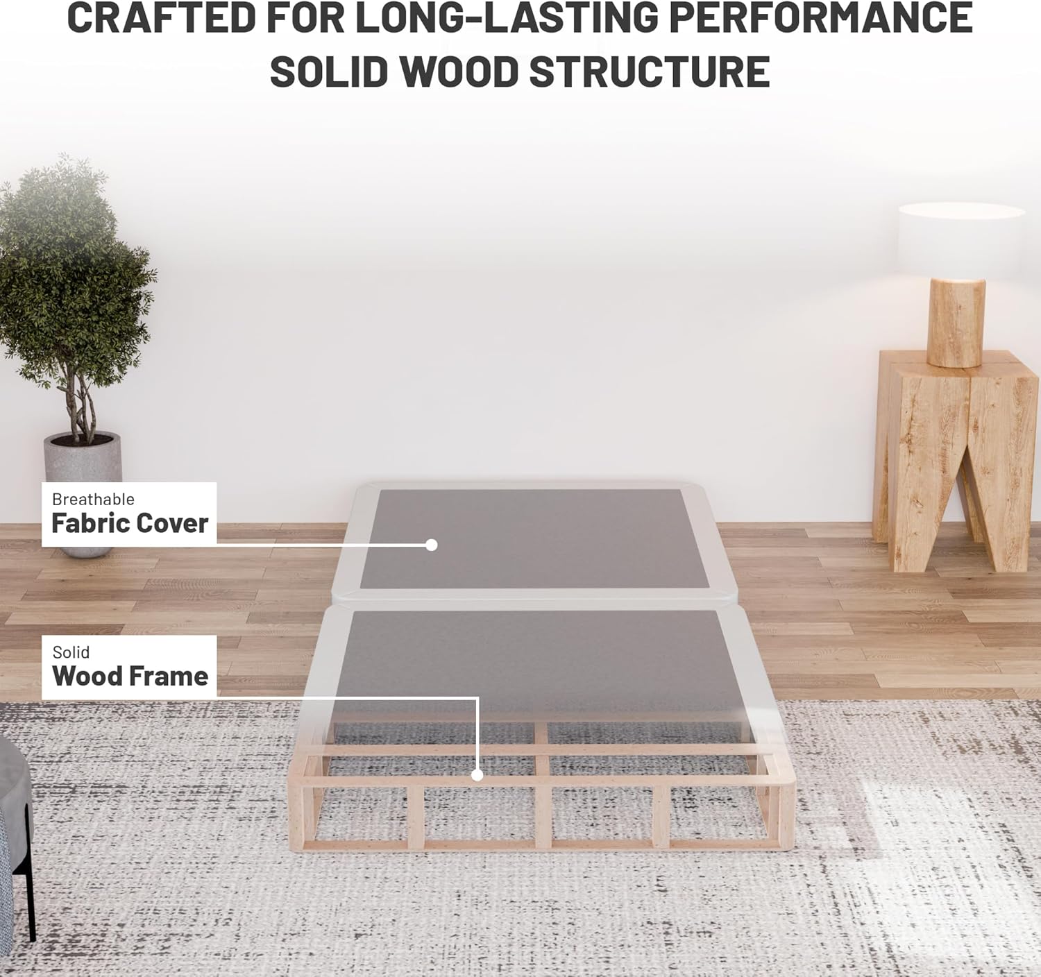 Treaton, 4-Inch Sturdy Wood Box Spring for Mattress Support - Durable and Fully Assembled, Natural Wood Foundation for Twin, White