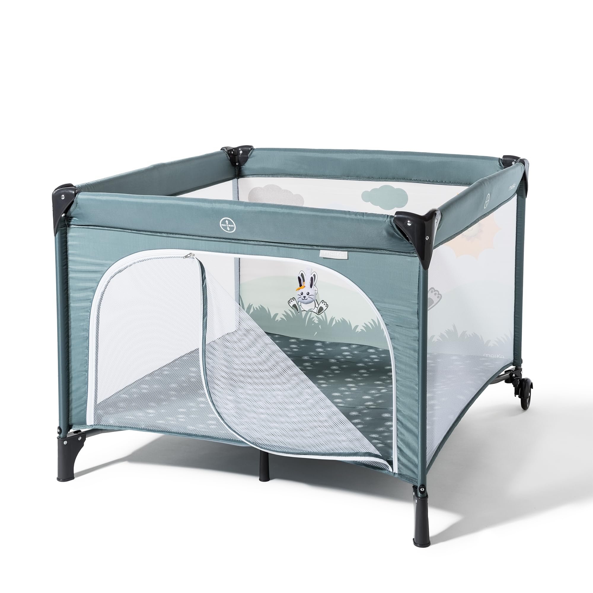 MAÏKA Parc bébé filet | dès la naissance jusqu'à 3 ans environ | pliage parapluie | facile à transporter et ranger | décor de prairie | grande ouverture en zip | 2 fenêtres filet | sac de transport