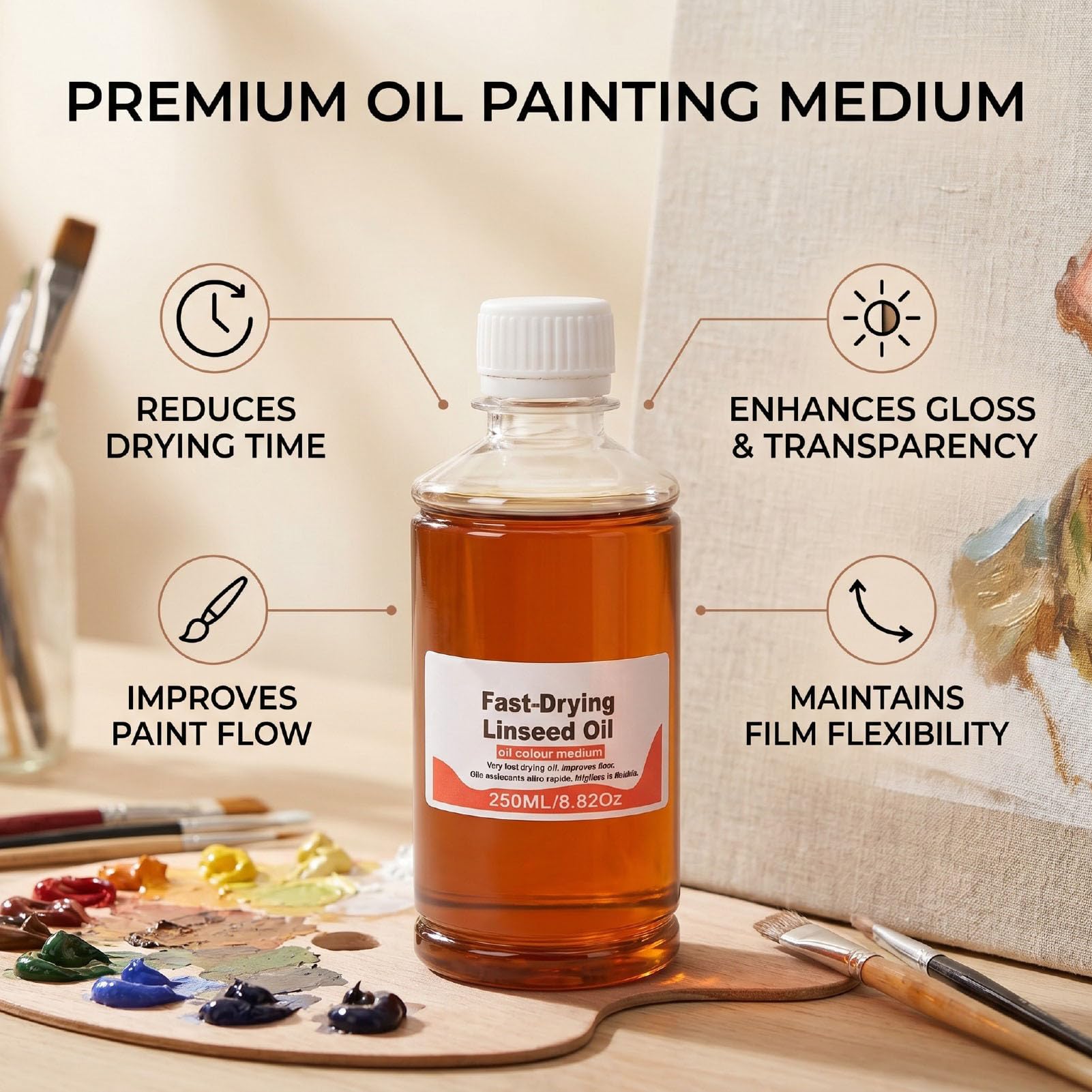 Huile de Lin à Séchage Rapide de 250ML, Diluant Pigmentaire pour Peinture, Améliore le Flux, la Transparence et le Brillant