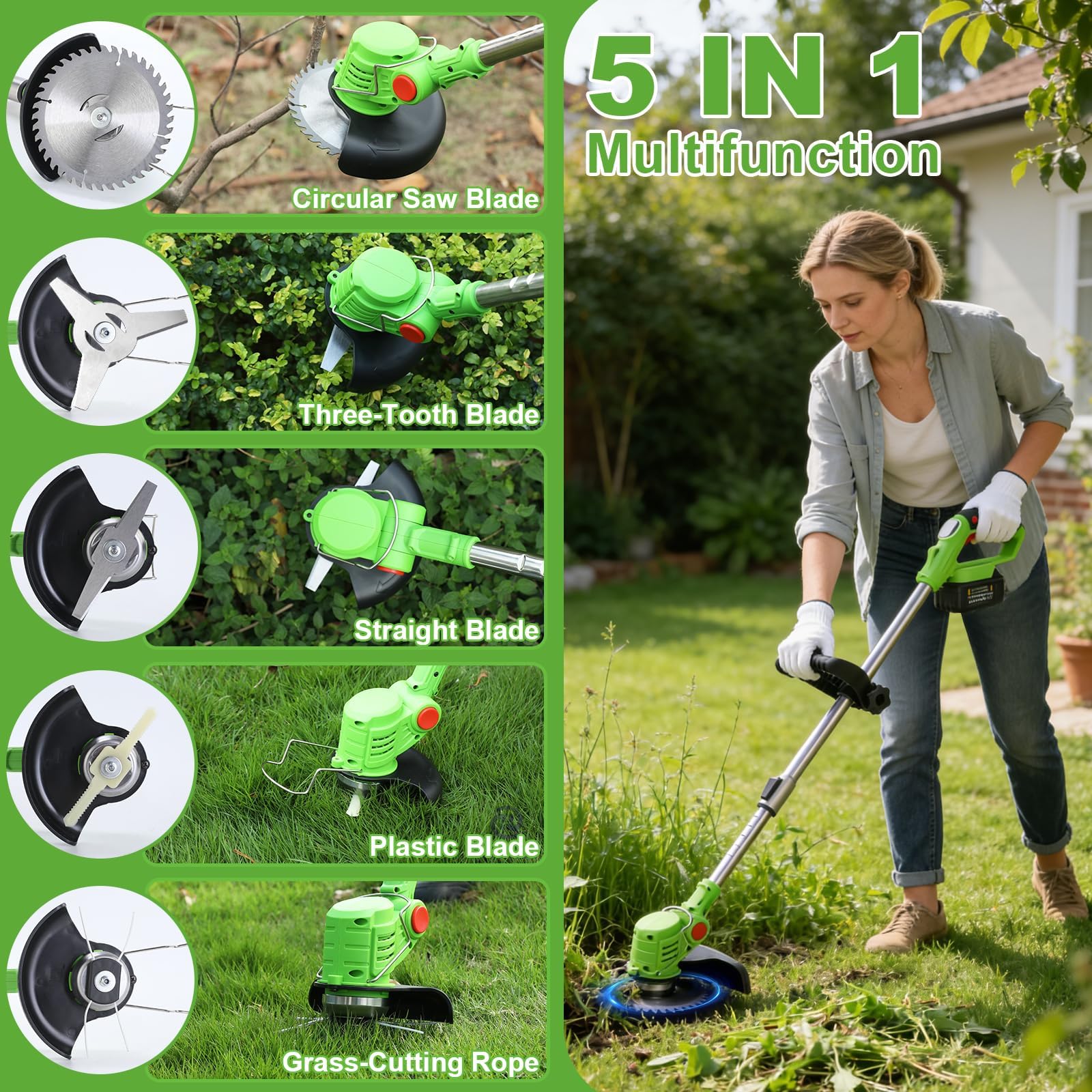 Rasentrimmer mit Akku, 5 In 1 Akku Rasentrimmer für Makita Akkus mit 5 Klingentypen, 21V Freischneider Akku, Teleskopierbar, 90° Drehung für Garden Trimmen,Grün