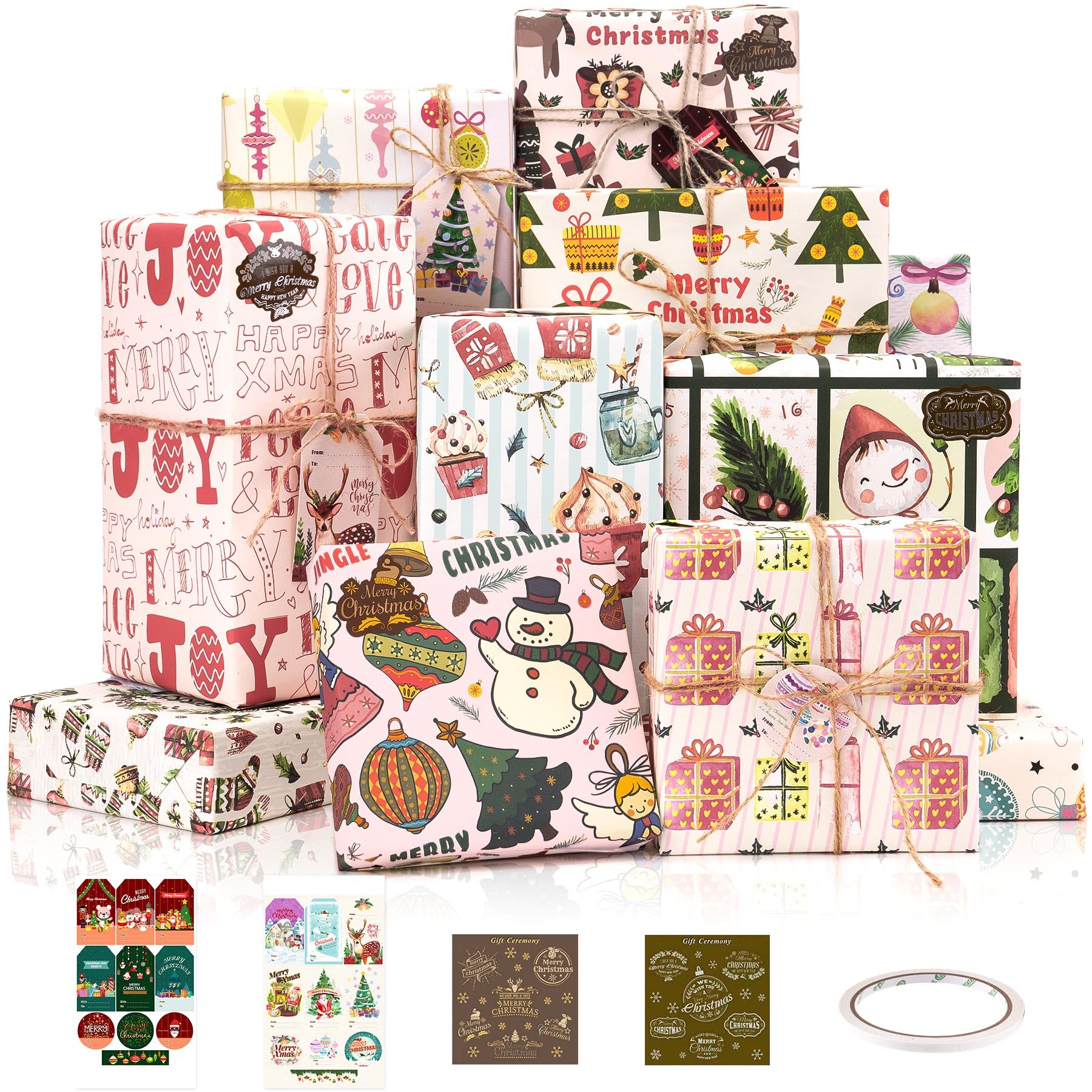 Rancco Christmas Wrapping Paper Set w/20 Pc Gift Tags, 12 Pc Gift Stickers for Holiday,11 Sheets Cute Design Gift Wrap w/Xmas Trees Snowman Reindeer