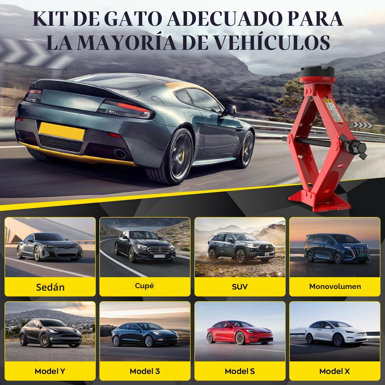 IMAYCC Nuevo Gato para Coche 2.5T/2500kg, Kit de Gato Coche Universal con 2 Piezas Bloque de Goma, Portátil Kit de Emergencia con Llave de Tuercas de Rueda para SUV MPV Tesla
