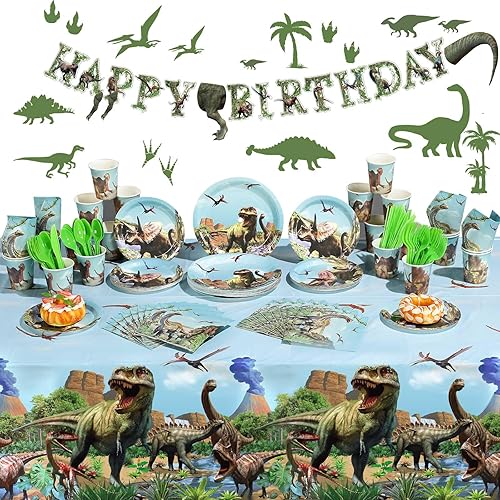 Miniatura 4 de 171 piezas de suministros de fiesta de dinosaurio jurásico feliz cumpleaños, decoración de fiesta de dinosaurio, mantel de mesa de cumpleaños,