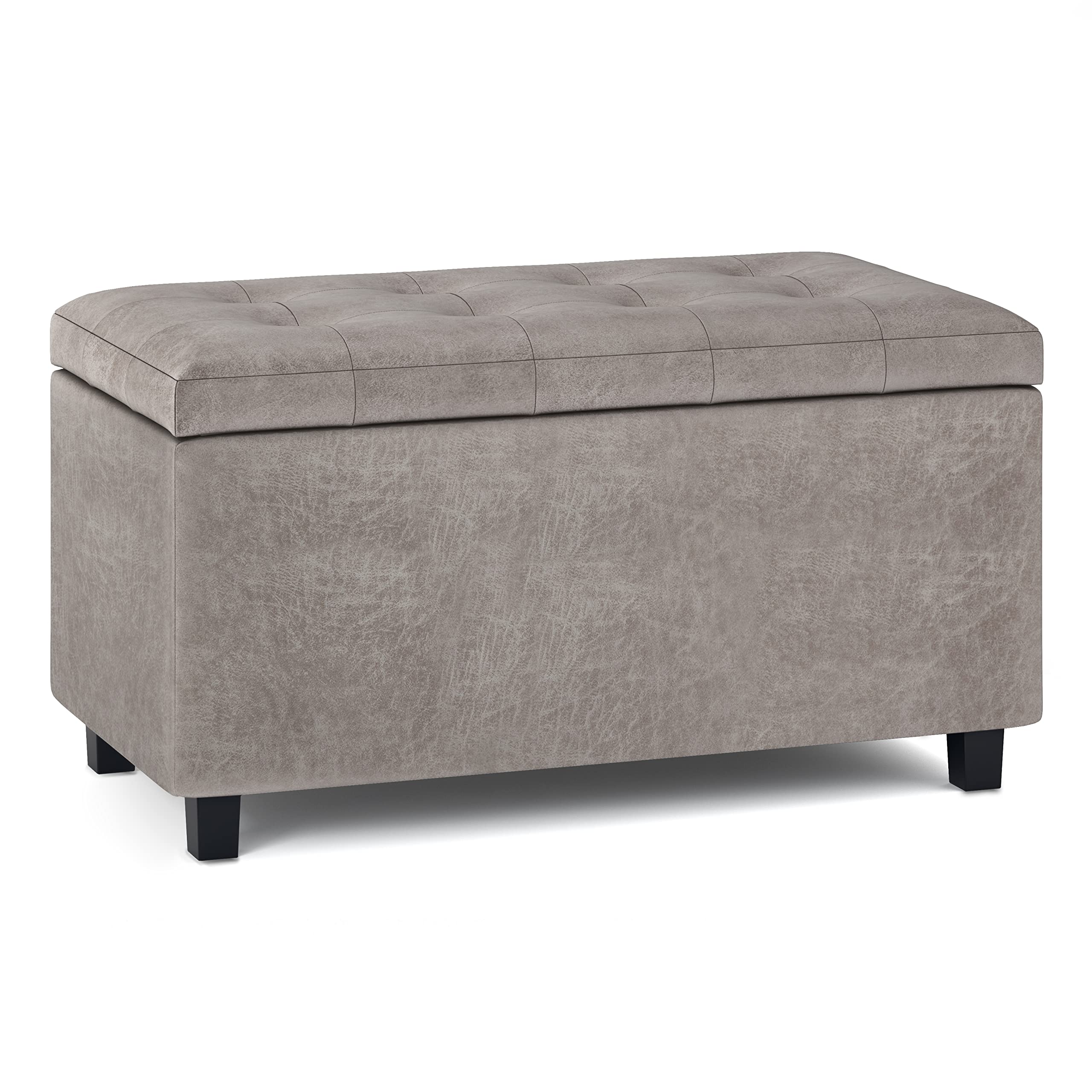 SIMPLIHOME Cosmopolitan 34 inch Wide Rectangle Lift Top Storage Ottoman in Upholstered Distressed Grey Taupe Tufted Faux Leather for the Living Room, Bedroom and Kids Room
