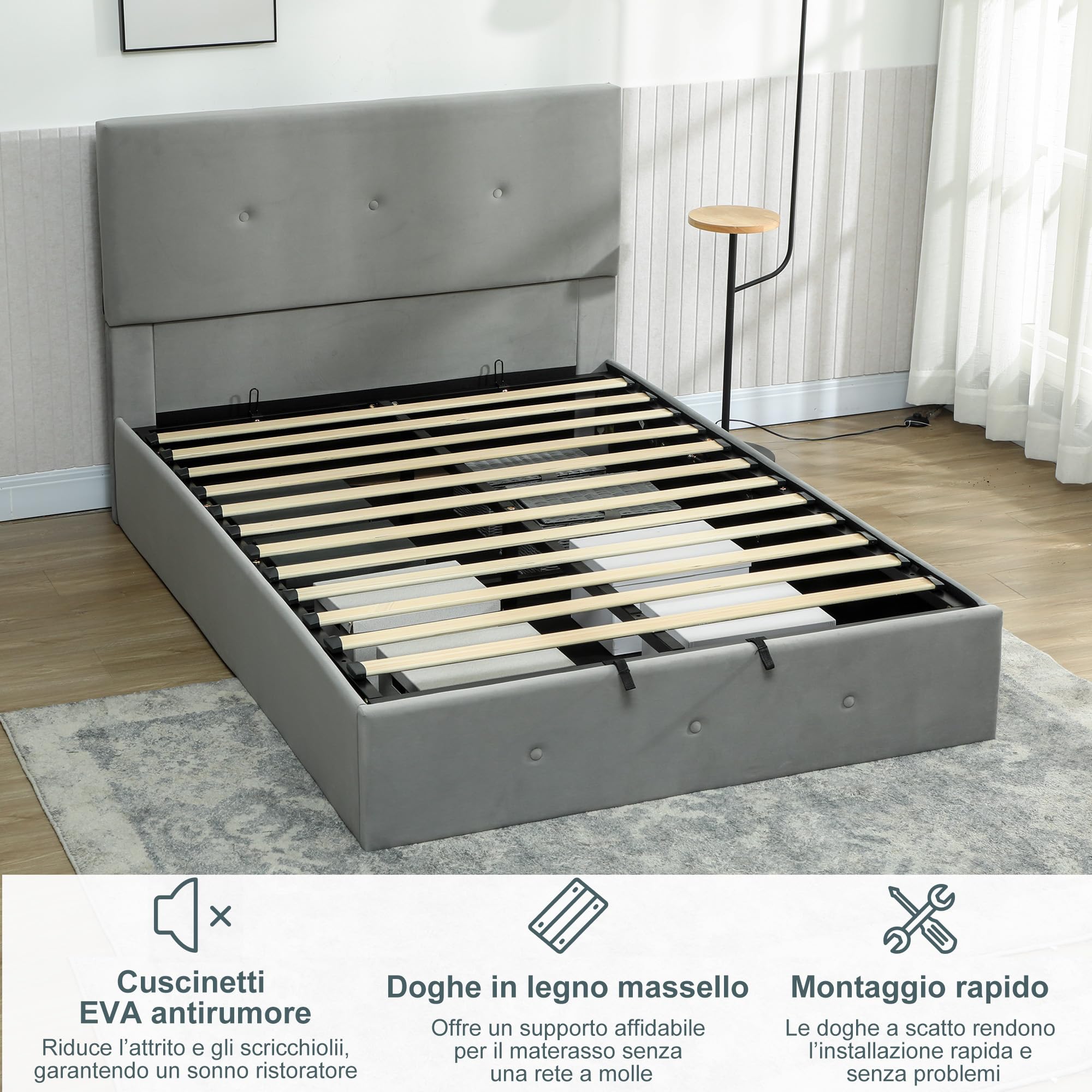 HOMCOM Struttura Letto Matrimoniale 140x190 cm con Contenitore Grigio