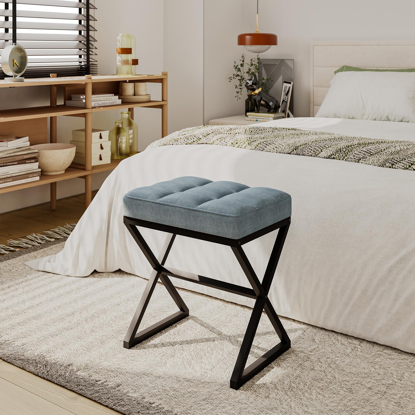 YMYNY Taburete de Maquillaje, Otomanas, Taburete de Piecon Patas de Metal en Forma de X con Asiento de Lino, para Tocador, Salón Dormitorio Entrada Pasillos 40×30×46CM Azul Gris HBD033L