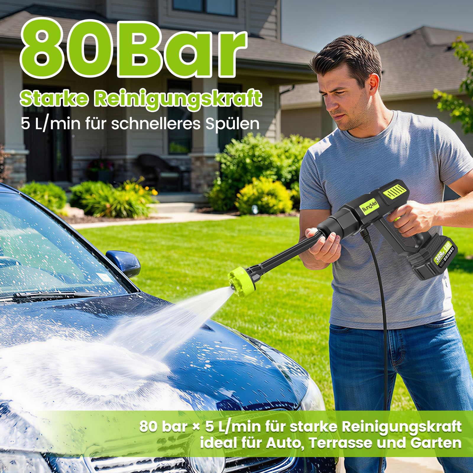 Akku Hochdruckreiniger Kompatibel mit Makita Akku, 270L/H Mobiler Akku Druckreiniger mit 2x4Ah Akku, mit Absperrventil, 6-in-1 und Düse & 5M Schlauch, für Auto Garten Reinigung und Bewässerung