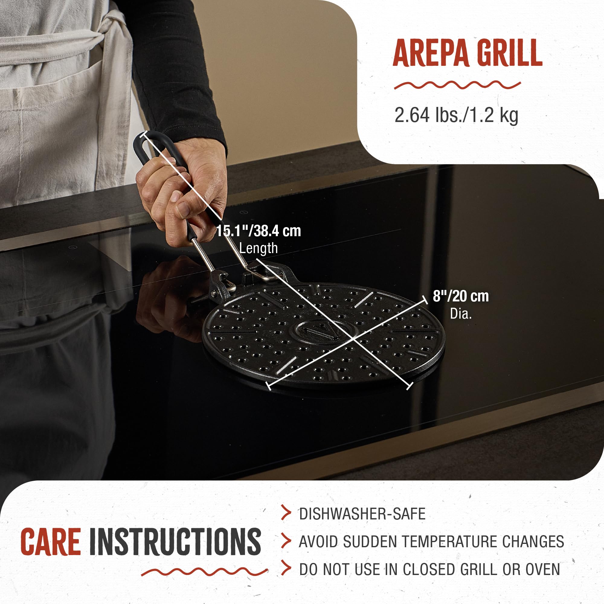 Victoria Parrilla para Arepas de Hierro Fundido Esmaltado, 20 cm, Antiadherente Natural, Arepera Libre PTFE Y PFOA, Asador Difusor de Calor Apto para Inducción, Vitrocerámica, Gas, Horno, Barbacoa