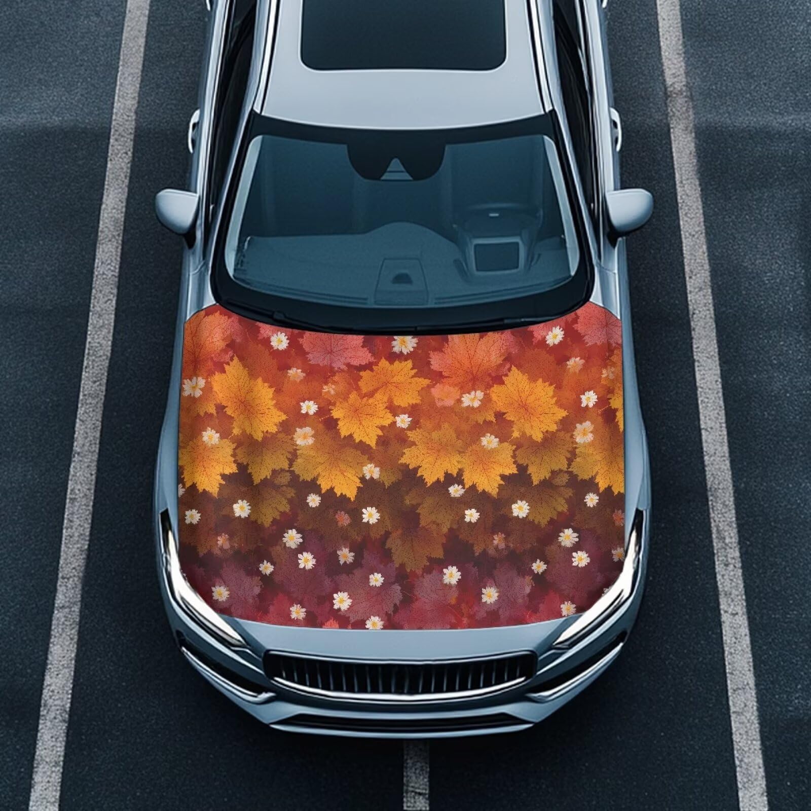 Daisy Maple Leaves Car Hood Covers for Automobiles, Fall Maple Leaves Car Bonnet Banner Can be Washed Suitable for Most Vehicles Sedans Trucks SUVs