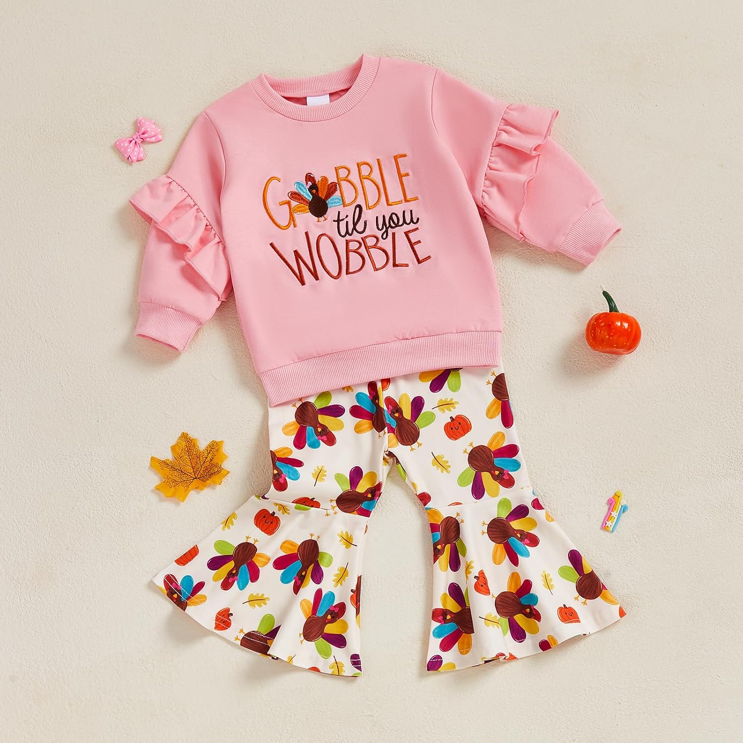 Thanksgiving Baby Girl Outfit - Embroidery Gobble Shirt Turkeys Bell Bottom Pant Toddler Girl Thanksgiving Clothes