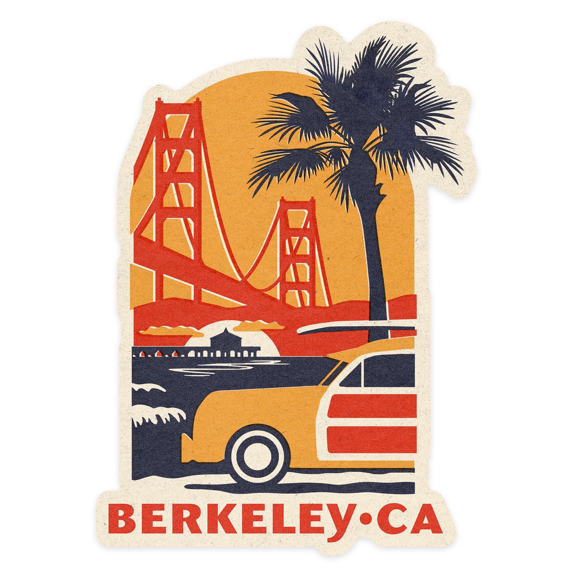 Lantern Press Sticker Berkeley, California, Golden Gate Bridge, Woodblock, Die Cut Vinyl, (Waterproof Decal for Cars, Water Bottles, Laptops, Coolers)