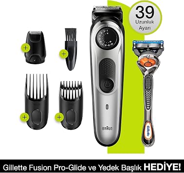 BRAUN BT 5265 Sa  ve Sakal  ekillendirici, AutoSense Teknoloji, Kablosuz, Y kanabilir, Kuru Kullan m + Gillette Hediye, Siyah, Gri