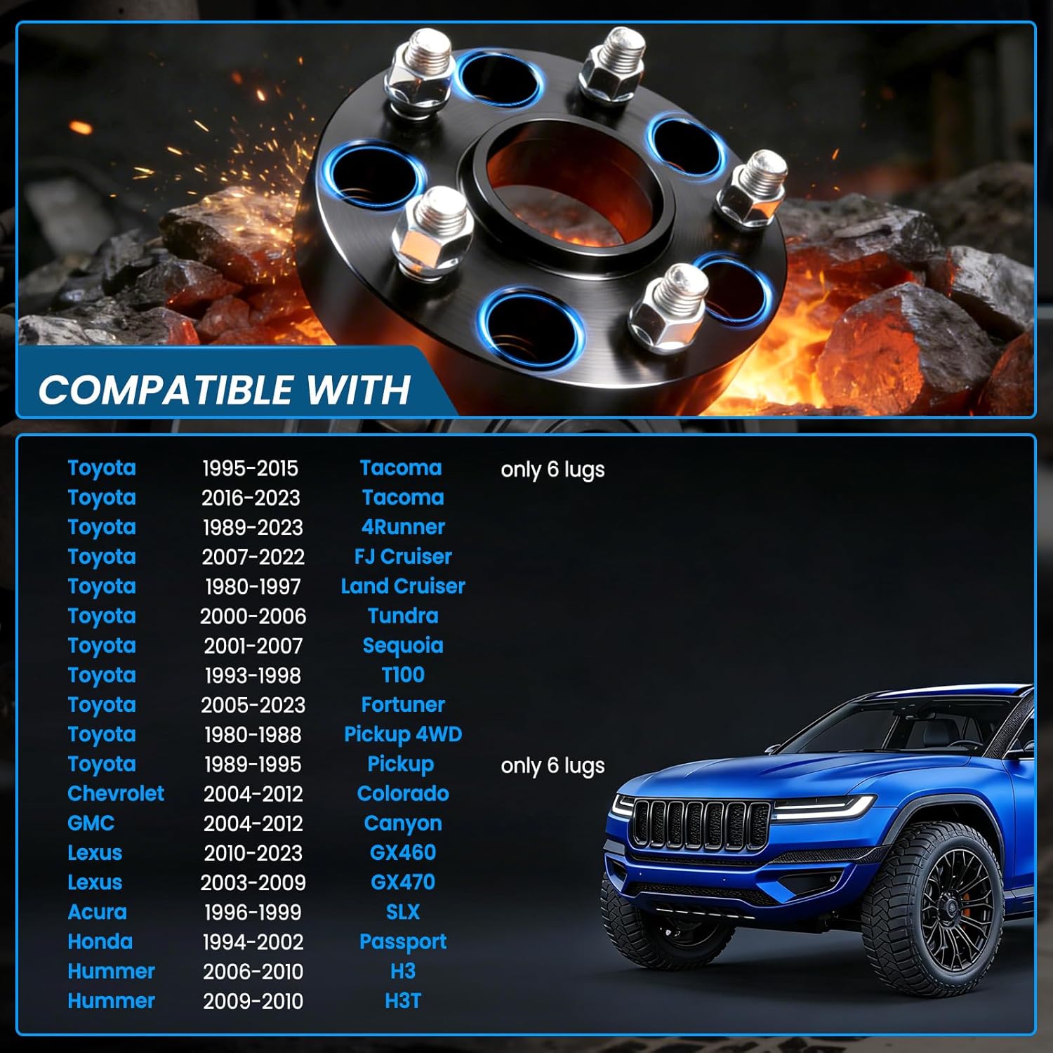 6x5.5 Wheel Spacers Real Forged Spacers Center Bore 108mm M12x1.5 Studs for Tacoma, 2"(50.8mm) 4Runner Tundra Land Cruiser Colorado 6 lug Set of 4 Black