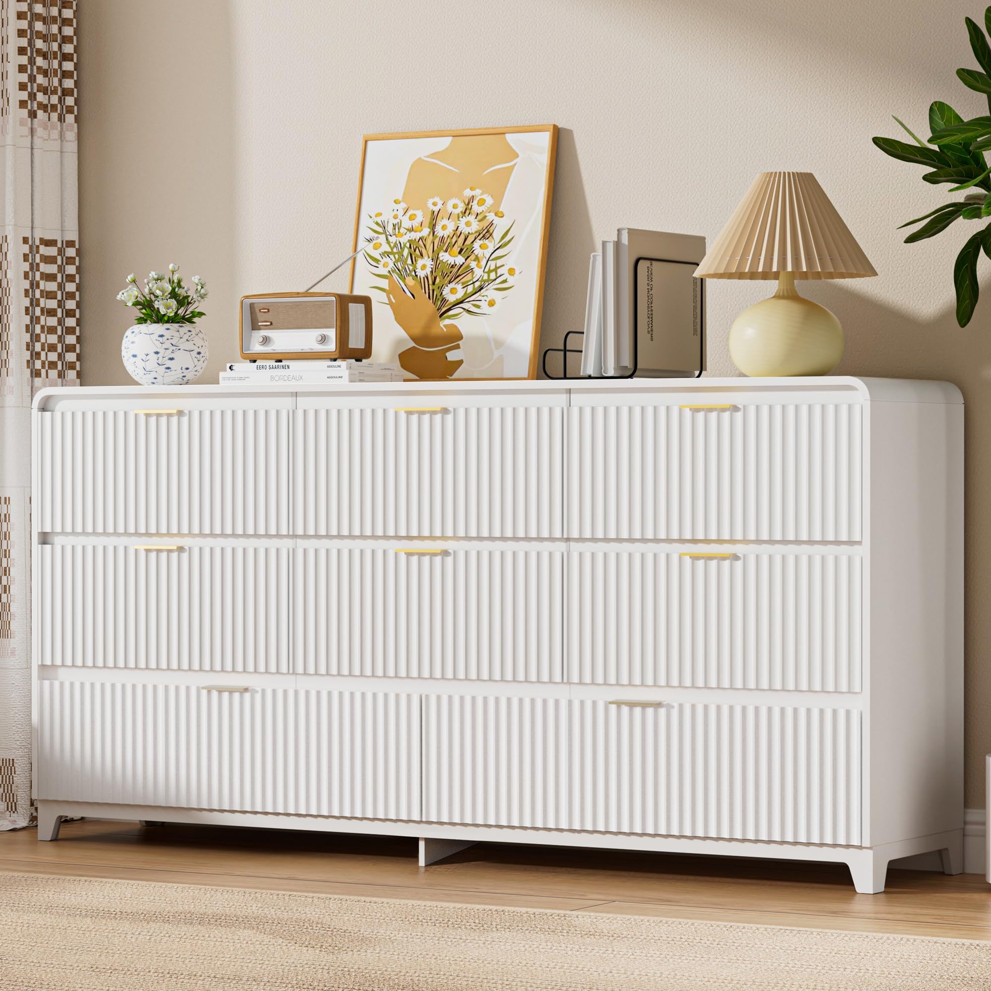 Fluted Dresser for Bedroom with 8 Drawers, 55.1" Wide Modern Chest of Drawers with Metal Handle, TV Stand Wood Dresser Closet Organizers and Storage