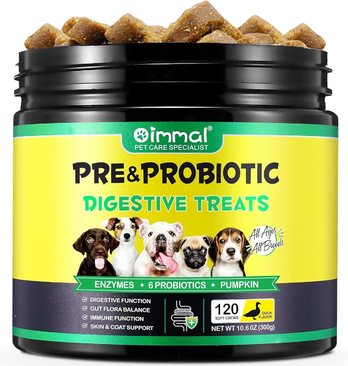 Dog Probiotics for Gut Health – 6 Billion CFU Multi-Strain Digestive Treats – Vet-Formulated Probiotics for Dogs, Dog Diarrhea Treatment, Immune & Skin Support – 120 Duck-Flavoured Chews