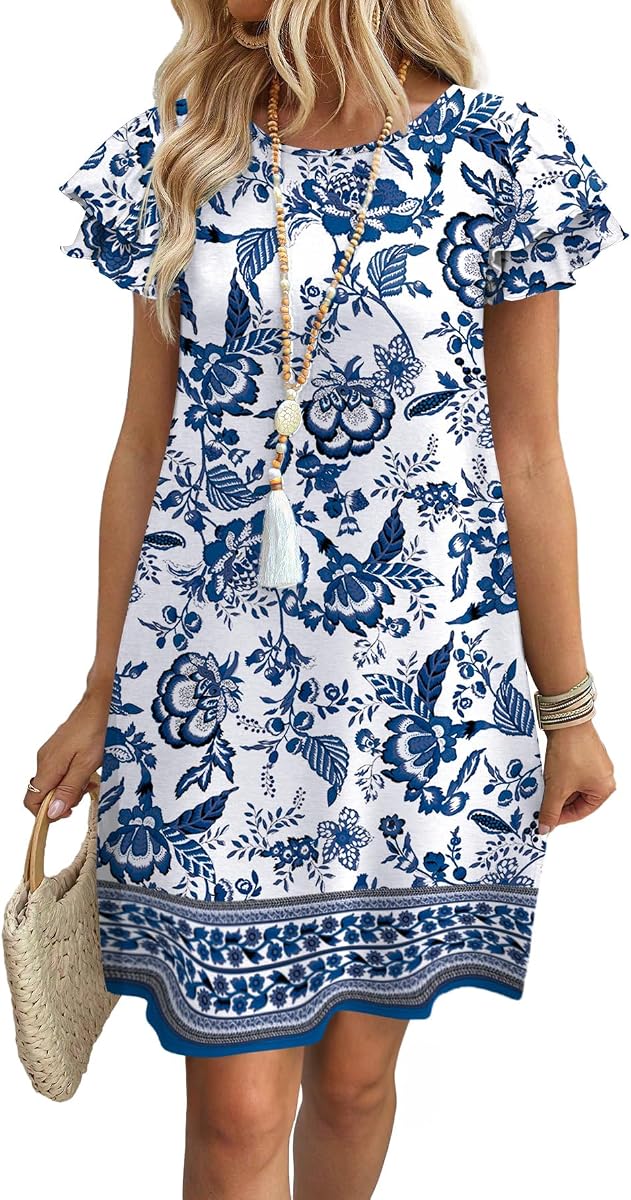 OFEEFAN Vestidos de verano para mujer 2026 Manga con volantes Cuello redondo Vestidos de verano sueltos con bolsillos Liso/Estampado