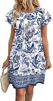OFEEFAN Women's 2026 Summer Sundresses: Ruffle Sleeve Round Neck Loose Swing Dress with Pockets - Plain/Print Boho Chic