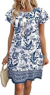 OFEEFAN Women's 2026 Summer Sundresses: Ruffle Sleeve Round Neck Loose Swing Dress with Pockets - Plain/Print Boho Chic