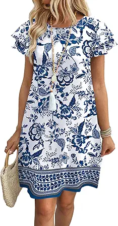 Women's Summer Ruffle Sleeve Round Neck Loose Swing Dress with Pockets