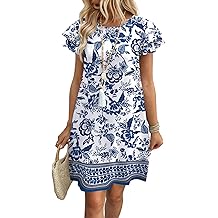 Womens Summer Dresses 2026 Ruffle Sleeve Round Neck Loose Swing Sundresses with Pockets Plain/Print
