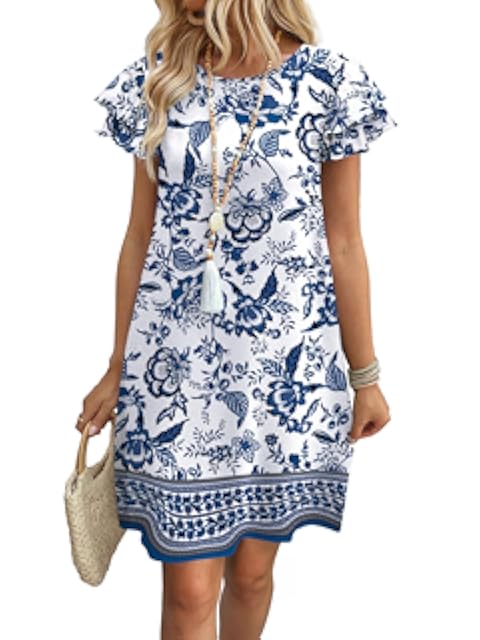 OFEEFAN Womens Summer Dresses 2026 Ruffle Sleeve Round Neck Loose Swing Sundresses with Pockets Plain/Print