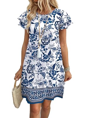 OFEEFAN Womens Summer Dresses 2026 Ruffle Sleeve Round Neck Loose Swing Sundresses with Pockets Plain Print