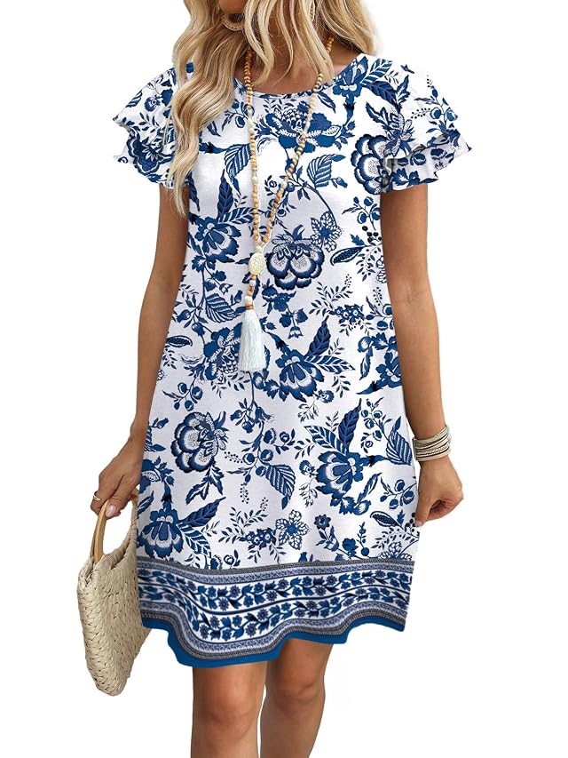 OFEEFAN Womens Summer Dresses 2026 Ruffle Sleeve Round Neck Loose Swing Sundresses with Pockets Plain Print