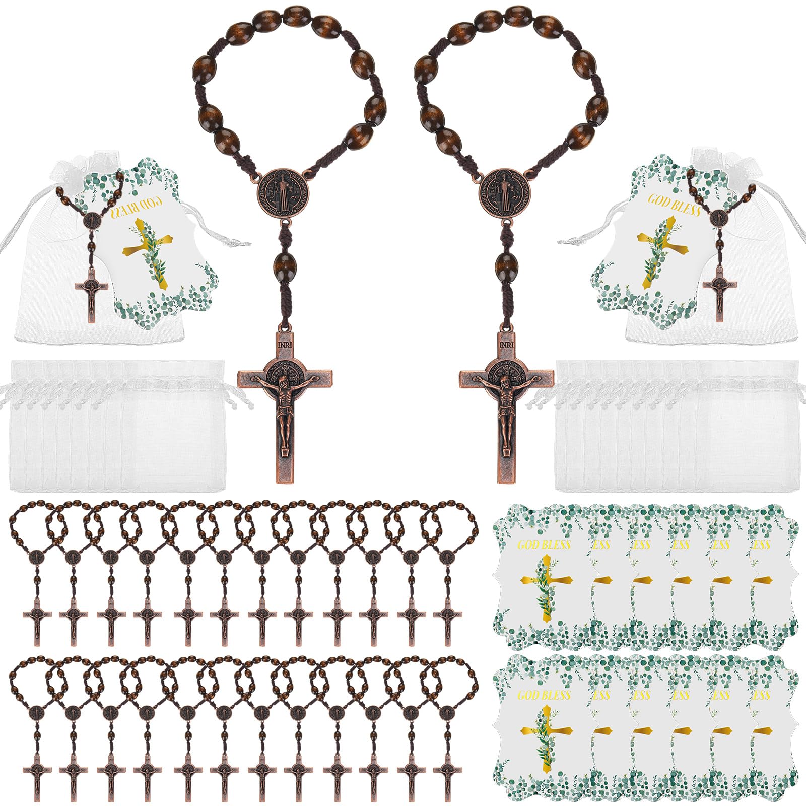Jeyiour 96 Pcs Christian Catholic Rosary Bead Favor Bulk, Dark Wood | Rosary Bead Favor Bulk, Catholic Favor Set, Beaded Stretch Rosary with Crucifix, Organza Bags, God Bless Tags for Church