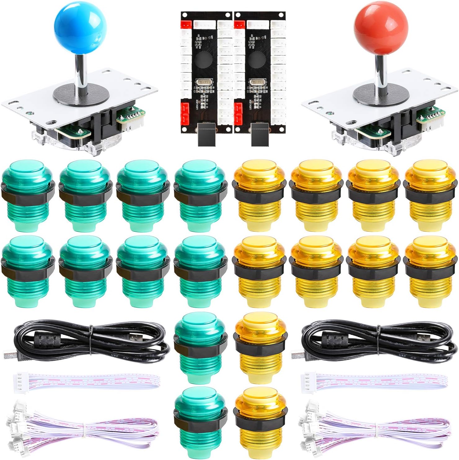 2 Player DIY Parts Kit, LED Arcade Buttons 8 Ways Joystick and Zero Delay USB Encoder for Raspberry Pi & Windows Video Games Machine, Color: Yellow+Green