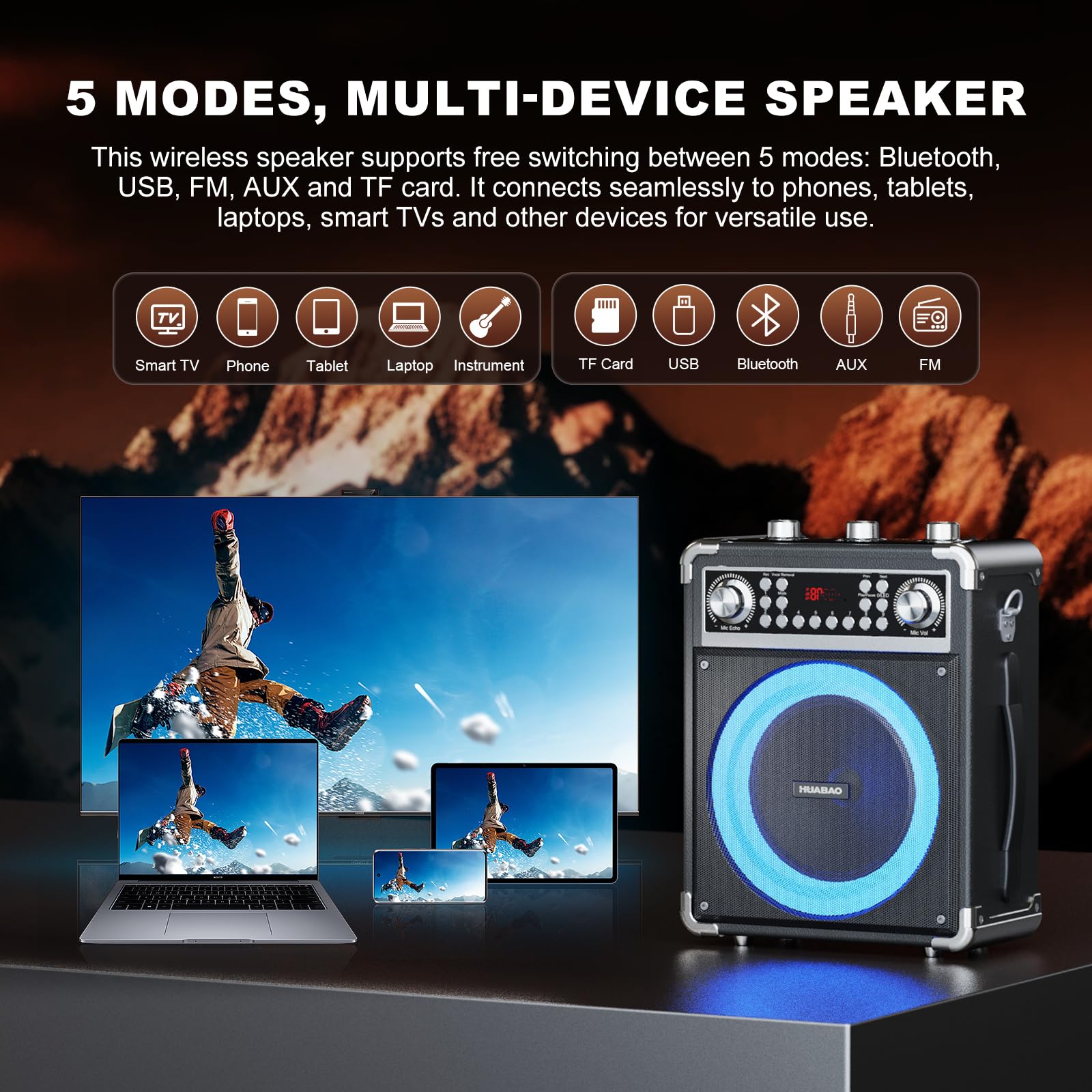 Máquina de karaoke con 2 micrófonos inalámbricos, altavoz Bluetooth portátil para adultos y niños, sistema PA con control remoto y luces, control de graves/agudos, compatible con USB/AUX/TF/FM